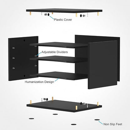 FITUEYES Wood Desk Paper Organizer with 4 Tiers Storage, Desktop File Holder, Document Letter Sorter Tray with Adjustable Shelves, Home Office Wooden Mail Rack, Black