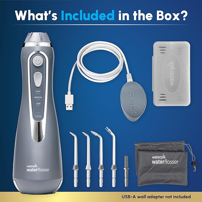 Waterpik Cordless Advanced 2.0 Water Flosser For Teeth, Gums, Braces, Dental Care With Travel Bag and 4 Tips, ADA Accepted, Rechargeable, Portable, and Waterproof, Gray WP-587, Packaging May Vary