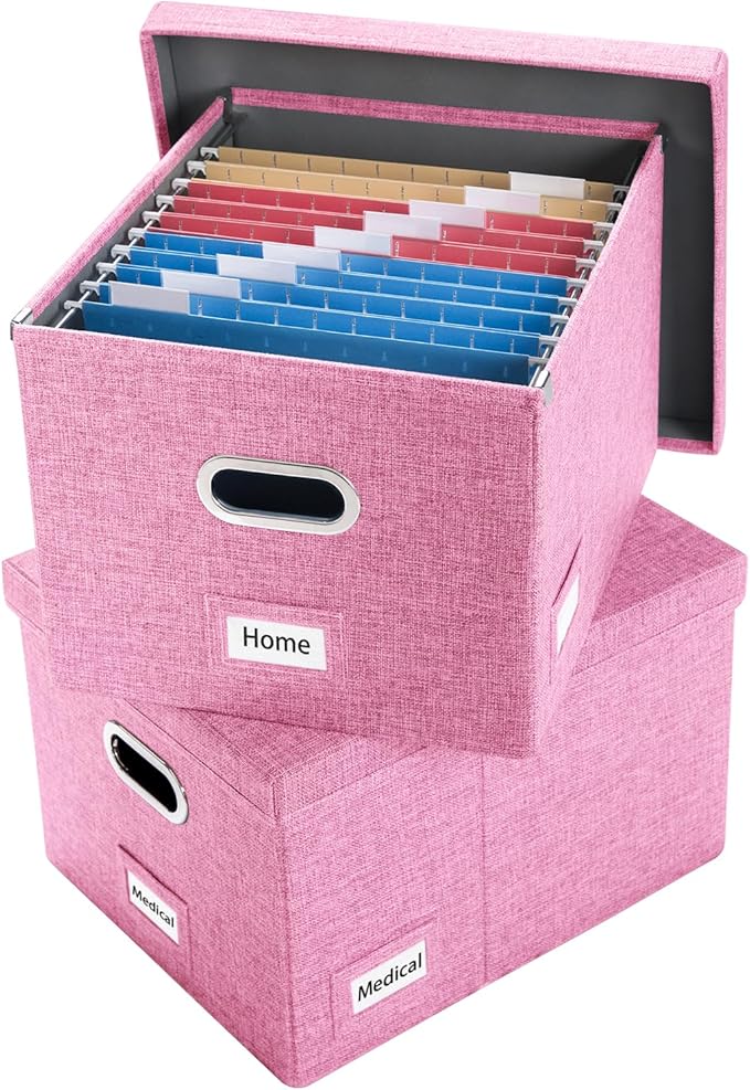 PRANDOM File Organizer Box - Set of 2 Collapsible Decorative Linen Filing Storage Hanging File Folders with Lids Office Cabinet Letter/Legal Size Pink (17x14x11.2 inch)