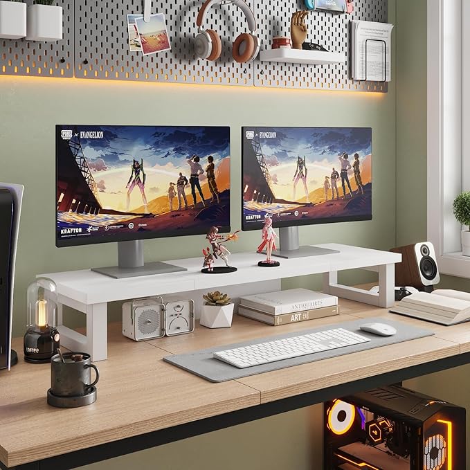 WESTREE Dual Monitor Stand Riser, Wood and Steel Monitor Stand Riser, Computer Monitor Stand for 2 Monitors, Multi-Purpose Desktop Storage Stand for Computer,Laptop,Printer,TV
