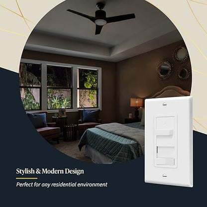 TOPGREENER Kalide Combo Light Switch with 3-Speed Fan Control, Light and Fan Combination Switch, Single Pole, 2.5A, 720W, Neutral Wire Not Required,Wall Plate Included, TGSFS3-W, White, 2 Pack