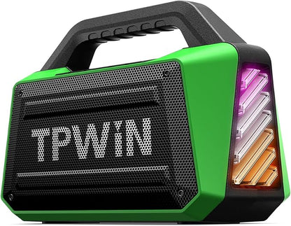 TPWIN Bluetooth Speaker - 80W Loud Rugged Outdoor Speakers, IPX6 Waterproof, 20H Playtime, Deep Bass, Lightshow, TWS, BT 5.3 Wireless, Portable for Travel Hiking Camping Beach Pool - Green