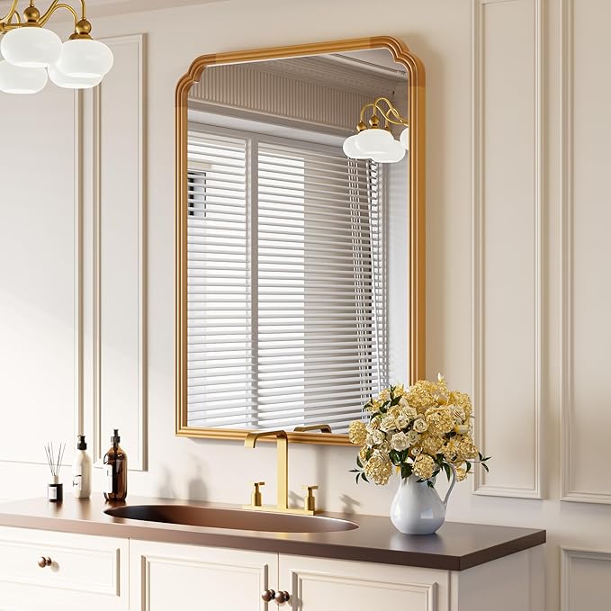 30" x 40" Wood Bathroom Mirror for Over Sink, Rustic Rounded Corner Vanity Mirror for Entryway, Living Room or Bedroom Home Decorative [Natural Color]