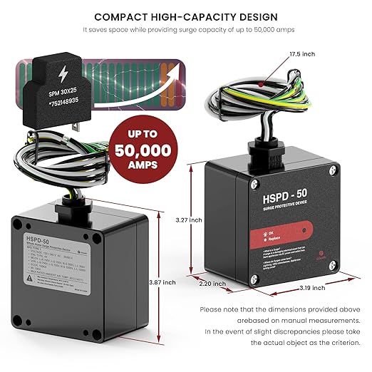 HSPD Square Whole Home Surge Protective Device, Type 1 SPD, Whole House Surge Protector, AC Surge Protection, 120/240VAC (HSPD-50)
