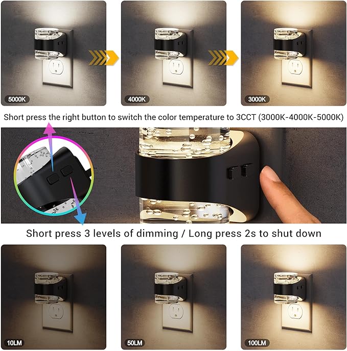 JandCase LED Night Light, Bubble Night Lights Plug into Wall, [2 Pack]Night Light 3000K/4000K/5000K & 3 Brightness Levels, Dimmable Nightlight with Dusk to Dawn Sensor for Bathroom Hallway Bedroom