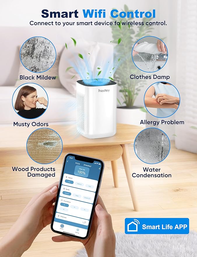 Priestley Air Purifier for Bedroom, Home, Dorm Up to 1100Ft², Smart WiFi Air Purifiers, 3-in-1 Air Filter with HEPA Sleep Mode, Remove Dust Smoke Pollutants Odor Pet Dander