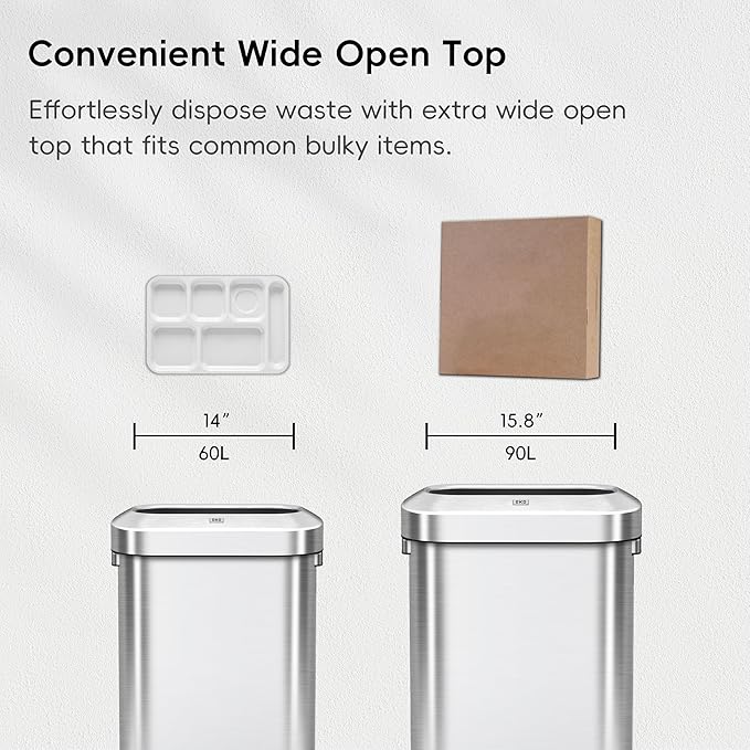EKO Urban 16 Gallon/60 Liter Open Top Stainless Steel Slim Commercial Trash Can, Tall Kitchen Trash Bin, Heavy-Duty Commercial Grade Large Garbage Bin for Home, Office, Hotel, Cafe, Restaurant, Dorm
