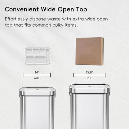 EKO Urban 16 Gallon/60 Liter Open Top Stainless Steel Slim Commercial Trash Can, Tall Kitchen Trash Bin, Heavy-Duty Commercial Grade Large Garbage Bin for Home, Office, Hotel, Cafe, Restaurant, Dorm