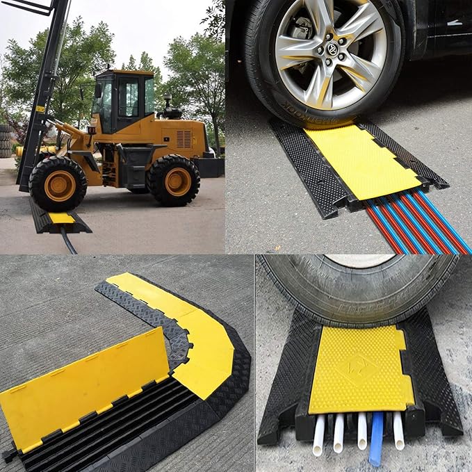 Reliancer 5 Channel Rubber Cable Protector Ramp Traffic Speed Bump 18000lbs Capacity Heavy Duty Cable Protective Cover Ramp Driveway Hose Cord Track Protector Wires Concealer w/Flip-Open Top Cover