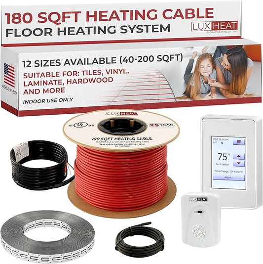 LuxHeat 180sqft Floor Heating Cable Kit - 240v Heated Bathroom Floor Kit - Heated Flooring System Includes UDG4 Programmable Thermostat w/GFCI, Heating Cable, Strapping, Flooring Sensor & Alarm