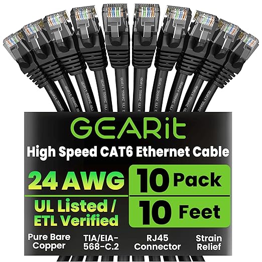 GEARit Cat 6 Ethernet Cable Pack – 10-Pack 10 ft Cat6 Ethernet Patch Cables | RJ45 Network Patch Cable, 10 Gbps Snagless Gold-Plated Connectors – Ethernet Cable Cat 6 for PC, TV, Router – Black