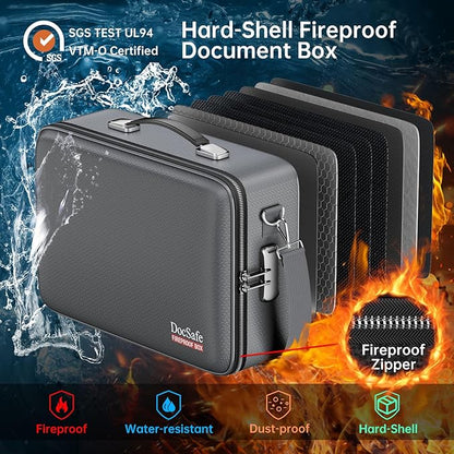 DocSafe Fireproof Document Box with Lock＆Shoulder Strap,Hard Case File Organizer with Accordion File Folder,Multi-Layer Portable Home Office Travel Safe Storage for Important Documents Laptop Gray
