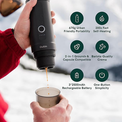 OutIn Nano Portable Electric Espresso Machine, Travel Coffee Maker for Camping, Car Coffee Maker Self-Heating with USB-C, With Ground Coffee & NS Capsule for RV, Hiking, Office