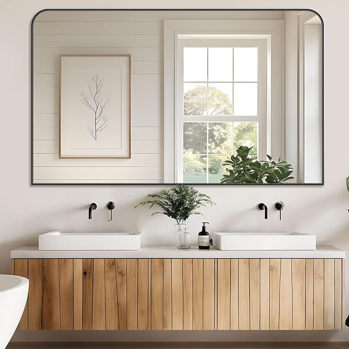 Bathroom Mirror, Wall Mirrors, Black Metal Framed Wall-Mounted Mirrors, Bathroom Vanity Mirror for Over Sink, Living Room, Bedroom, Entryway, 48x30 Inch, Black