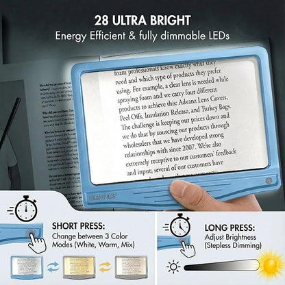 MagniPros 5X Rechargeable Large Ultra Bright LED Page Magnifier with Anti-Glare Lens & 3 Color Light Modes, Relieve Eye Strain- Ideal for Reading Small Prints, Low Vision, Seniors