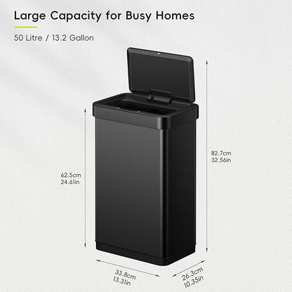 EKO EcoNova 13.2 Gallon/ 50L Automatic Sensor Kitchen Trash Can, Stainless Steel Touchless Garbage Bin with Soft-Close &Stay-Open Lid, Fingerprint-Resistant, Matte Black