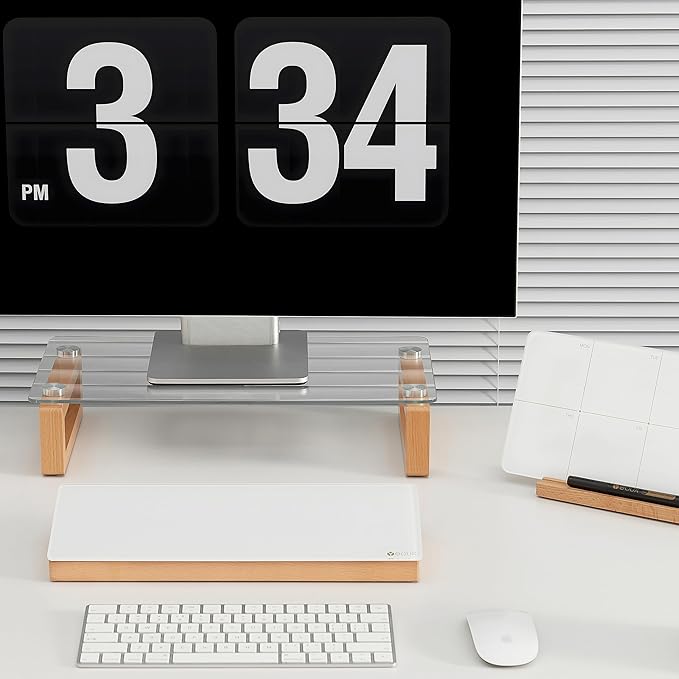 YEOUX Multi-Purpose Desktop Stand, Clear Floating Computer Monitor Riser with Natural Wood Base, Desk Organization Shelf for Printer, Laptop, Audio Device, Flat Screen