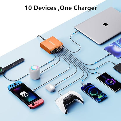 320W USB C Charger Block, 10-Port USB C Charging Station GaN III PD 65W Laptop Fast Charger Adapter for MacBook Pro/Air, DELL, iPad, iPhone, Samsung Galaxy (Orange)