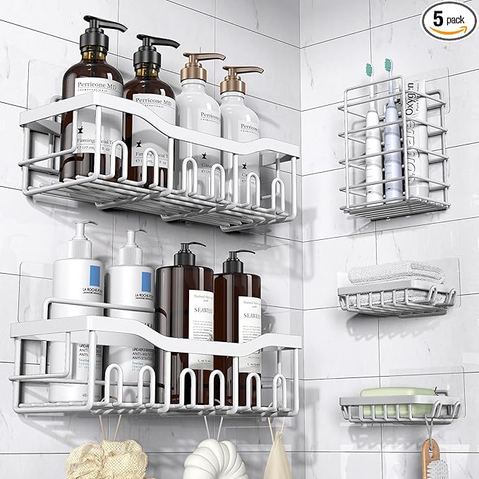 EUDELE 5-Pack Rustproof Stainless Steel Shower Caddy – No Drill Adhesive Bathroom Organizer with Large Capacity, Spacious Shower Shelves for Inside Shower, Kitchen & Home Decor Storage-XL Size