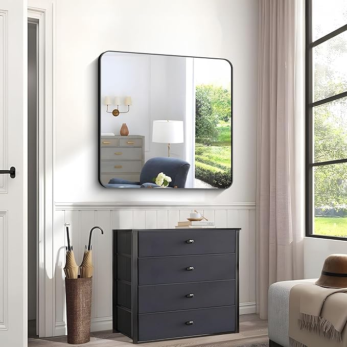 Black Bathroom Mirrors for Wall, 30"x30" Square Mirror, Rounded Corner Metal Frame Wall Mirror, Bathroom Vanity Mirror for Bedroom Living Room Entryway Horizontal Or Vertical Mounting