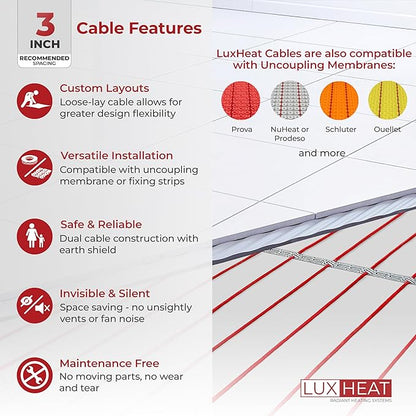 LuxHeat 200sqft Floor Heating Cable Kit - 240v Infloor Heat Kit for Tile - Heated Flooring System Includes UDG4 Programmable Thermostat w/GFCI, Heating Cable, Strapping, Floor Sensor & Alarm