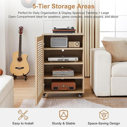 LEVNARY 5-Tier AV Media Cabinet with Grille Door & Adjustable Shelves, Modern Wooden Stereo Rack with Cable Management & Wheels, Audio Video Stand for Living Gaming Room Recording Studio (Natural)
