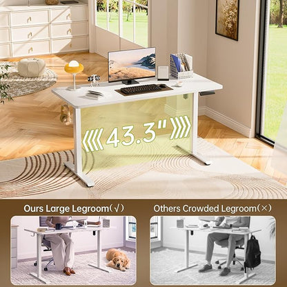 Veken 55 Inch Large Electric Standing Desk,Sit to Stand Up, Heights Adjustable, Work Home Office Computer Table for Study, Walking Pad, Writing, and Games, Wooden Desktop Desks, White