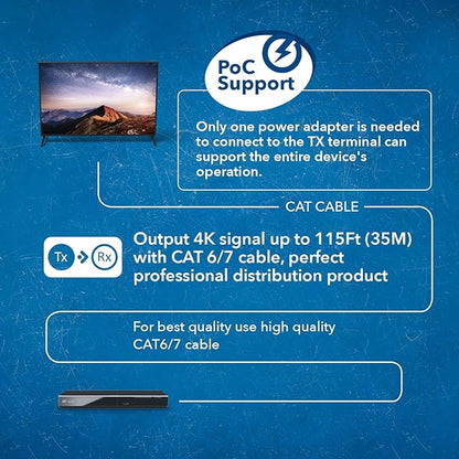 OREI 4K 1x8 HDMI Extender Splitter, Multiple Over Single Cable CAT6/7 4K@60Hz 4:4:4 HDCP 2.2 with IR Remote EDID Management - Up to 115 Ft - Loop Out - Low Latency - Full Support