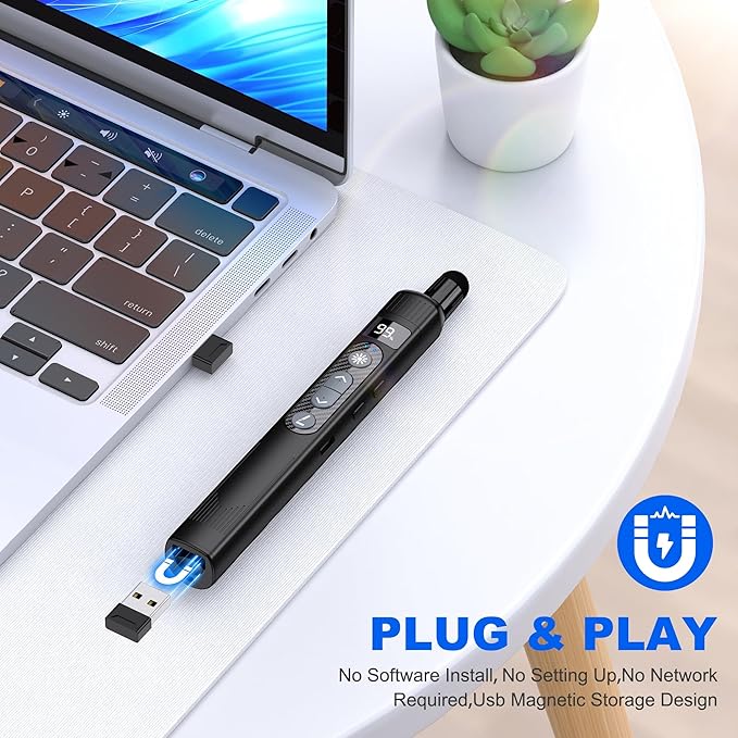 Wireless Presentation Clicker with Telescopic Pointer Stick,Rechargeable Presenter Remote Light Pointer with Touch Screen Stylus Pen and Digital Display,USB Slide Clicker for PowerPoint MAC PC Laptops