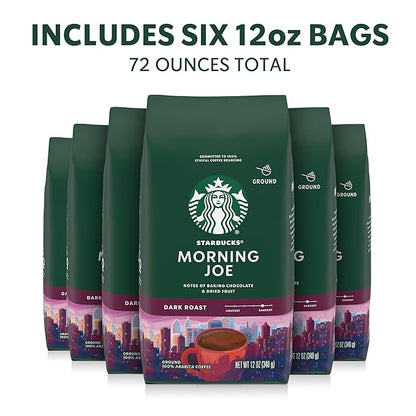 Starbucks Ground Coffee, Dark Roast Hot or Iced Coffee, Morning Joe, Six 12 oz Bags