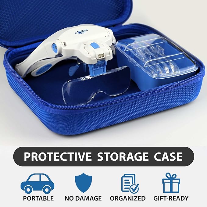 Vision Aid Magnifying Glasses with LED Light 5 Lenses Headband Case Hands Free Illuminated Optivisor Head Magnifier for Hobby Painting Close Work Jewelry Watch Repair