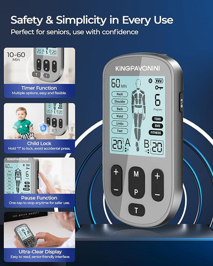KingPavonini 3-in-1 TENS Unit Muscle Stimulator for Pain Relief Therapy, Dual Channel 36 Modes TENS Machine with 12 Pads, Rechargeable & Portable EMS Muscle Stimulator for Back, Shoulder, Neck