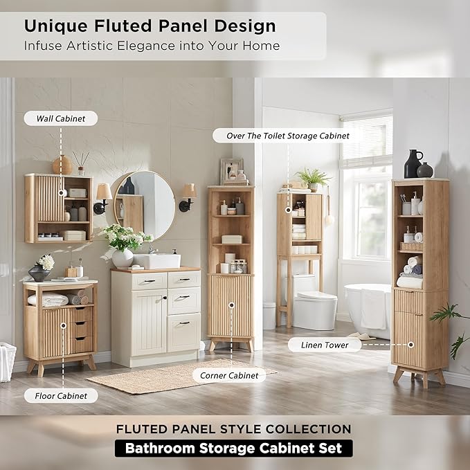 RedLemon Bathroom Wall Cabinet w/Fluted Sliding Door, Modern Medicine Cabinet w/Faux Marble Top & Adjustable Shelf, Curved Profile Wall Mounted Storage Organizer, Natural Oak Color