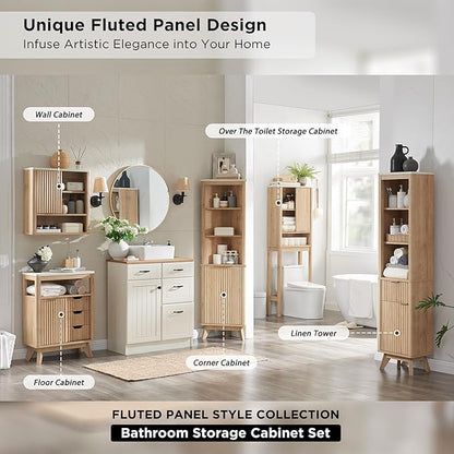 RedLemon Bathroom Wall Cabinet w/Fluted Sliding Door, Modern Medicine Cabinet w/Faux Marble Top & Adjustable Shelf, Curved Profile Wall Mounted Storage Organizer, Natural Oak Color