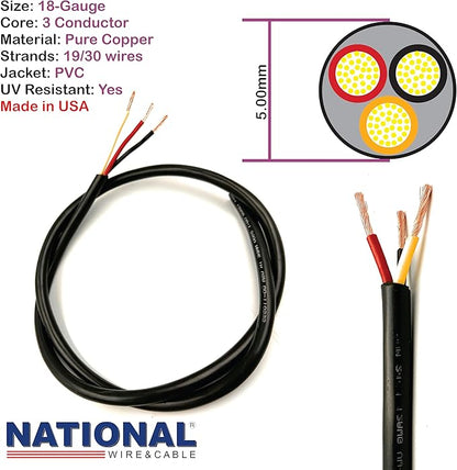 NATIONAL Wire & Cable – 18 AWG 3-Conductor Premium Copper Wire, 100 ft, Stranded | Made in USA, Flexible Jacket | LED Strips, Electronics, Low Voltage, DIY Projects, Indoor and Outdoor Use