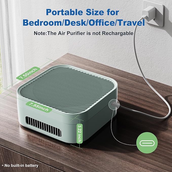 Air Purifiers for Home 600 Sq.Ft, TDBYWAE H13 True HEPA Air Purifier with USB Cable for Pets Dust Dander Pollen Odor Smoke, Small Portable Air Purifier for Bedroom Office Desktop Car RV (Green)
