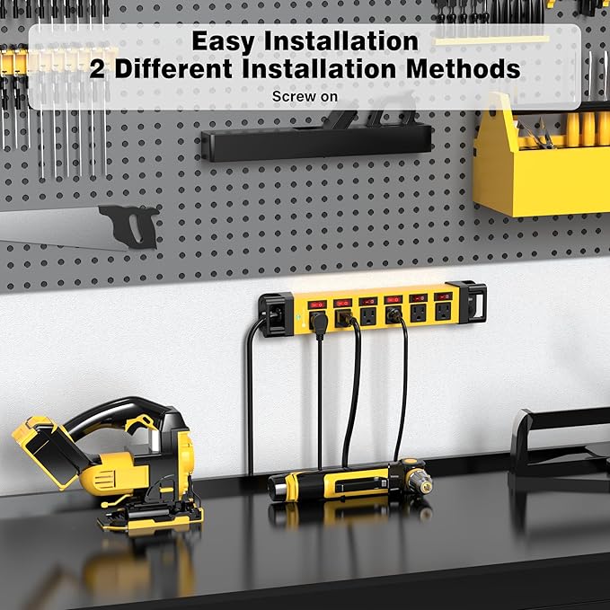 Heavy Duty Power Strip - 6 Outlet Power Strip with 6 Individual Switches Cord Manager Surge Protector 1200J Home Office Garage Industrial Workshop