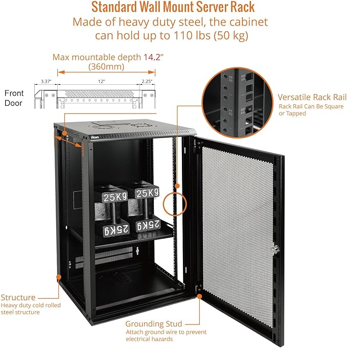Tecmojo 18U Wall Mount Rack Network Cabinet for 19" IT Equipment,with Lockable Mesh Door and Side Panels,Cooling Fan,Black,17.7inch Depth for AV/Computer/Electronics Equipment Data Rack