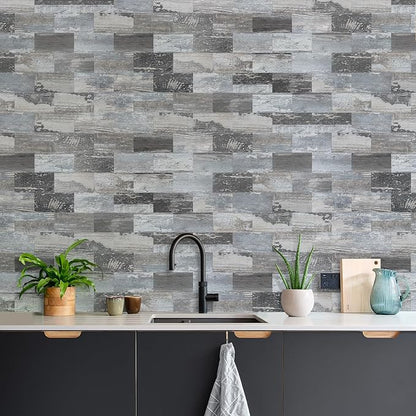 Vamos Tile 100-Piece Peel and Stick Backsplash Seamless Tile,3''x6'' Distressed Wood PVC Subway Tile,Stick on Backsplash for Kitchen/Bathroom/Laundry Room