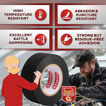 XFasten Wire Harness Tape, 3/4-Inch x 90-Foot (3-Pack), High Temp Wiring Loom Harness, Self-Adhesive Felt Cloth Electrical Tape for Automotive Engines, Noise Dampening, and Cable Protection