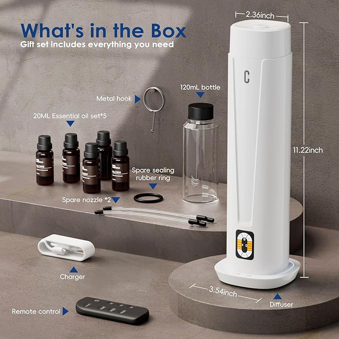 Waterless Scent Diffuser – 1200 Sq Ft Coverage, Essential Oil Diffuser with Remote Control, Quiet Aromatherapy Diffuser with LED Light & Timer, Scent Air Machine for Home, Office, Hotel