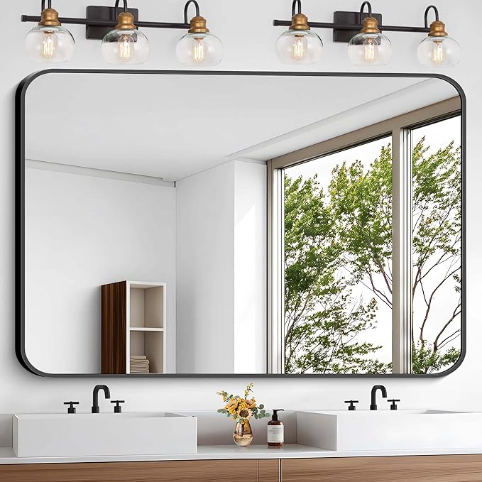 Bathroom Mirror, 48x36 inch Black Rectangle Wall Mirror, Metal Frame Rounded Corner Vanity Mirror, Large Wall Mounted Mirror for Over Sink Bedroom Living Room Horizontal Or Vertical Mounting