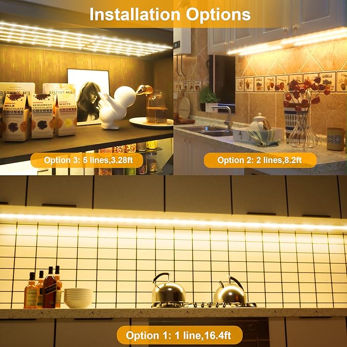 LAFULIT 10 PCS Under Cabinet Lights Kit, Stick on Lights, Flexible Led Strip Lights with Remote and Power Adapter, for Kitchen Cabinets Shelf Desk Counter Corner, 2700K Warm White, 16.4ft