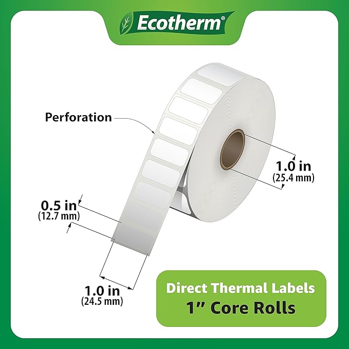 1" x .5" Thermal Labels | 4 Rolls | 9800 Labels | fits Zebra, Godex, Arkscan, iDPRT, Offnova Thermal Label Printers and More | Blank White Adhesive Stickers by Ecotherm