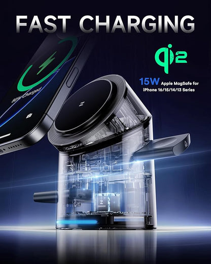 ZEEHOO 3 in 1 Charging Station for Apple Devices, Mag-Safe Charger Stand, Qi2 15W Auto-Rotating Wireless Charger for iPhone 17 16/15/14/13/12 Series& AirPods& iWatch(Black)