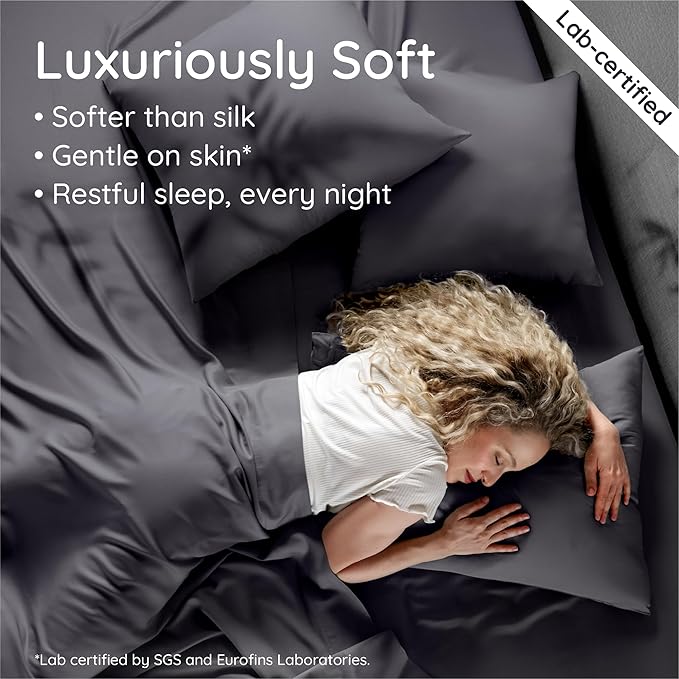 Bambaw 100% Viscose Derived from Bamboo Sheets Queen Size Set – 4pcs Cooling Sheet Set, Super Soft Sheets Queen Size, Luxury Bed Sheets, Deep Pocket Fits Up to 16'' Mattresses (Charcoal)