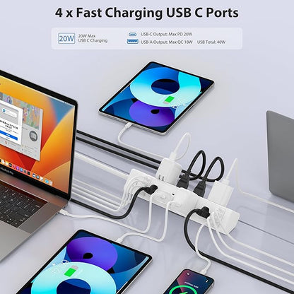 40W Fast Charging Station,Desk Clamp Power Strip 20W USB C,8 Outlets,8 USB Ports,4 USB C and 4 USB A, Office Furniture Surge Protector, 14AWG Cord, Fits 1.9" Tabletop Edge (White, 10FT Length)