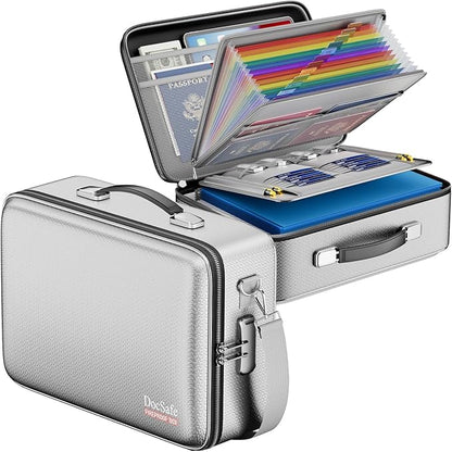 DocSafe Fireproof Document Box with Lock, Hard Case File Organizer with Accordion File Folder, Fireproof Water Resistant Safe Box Home Office Travel Storage for Important Documents Laptop Silver