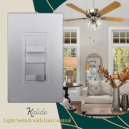 TOPGREENER Kalide Light Switch and 3-Speed Ceiling Fan Control Combo, in Wall Light and Fan Combination Switch, Single Pole, 2.5A, 720W, Neutral Wire Not Required, TGSFS3-SV, Silver