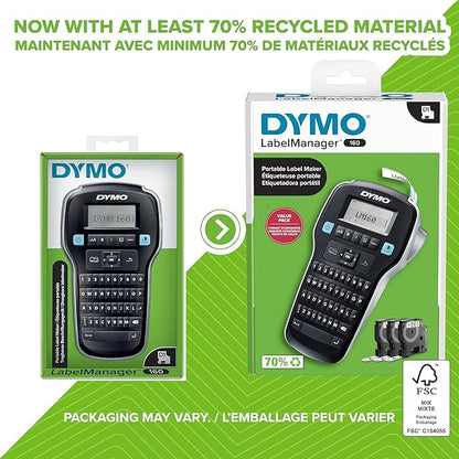 DYMO LabelManager 160 Portable Label Maker Bundle, Easy-to-Use, One-Touch Smart Keys, QWERTY Keyboard, Large Display, For Home & Office Organization, Includes 3 D1 label cassettes